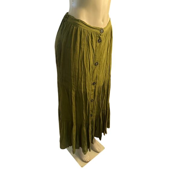 Women US-4 French Connection Esha Button Front Maxi Skirt Green Tiered Ruffled - Picture 1 of 6